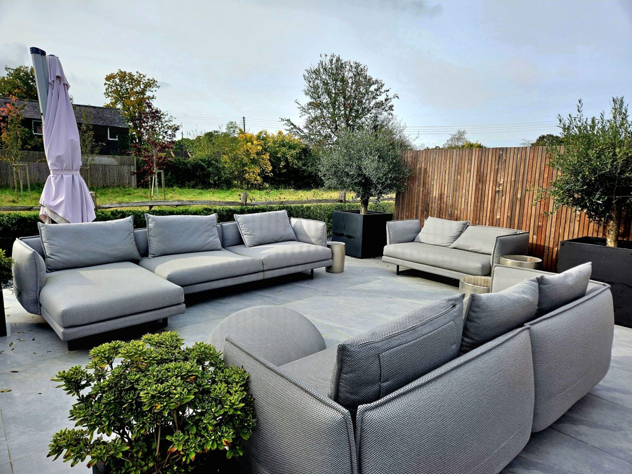 Sink into large plush outdoor lounge seating, perfect for relaxed afternoons and sociable evenings. A stylish alfresco space ideal for entertaining, unwinding and enjoying luxury countryside stays in Kent.