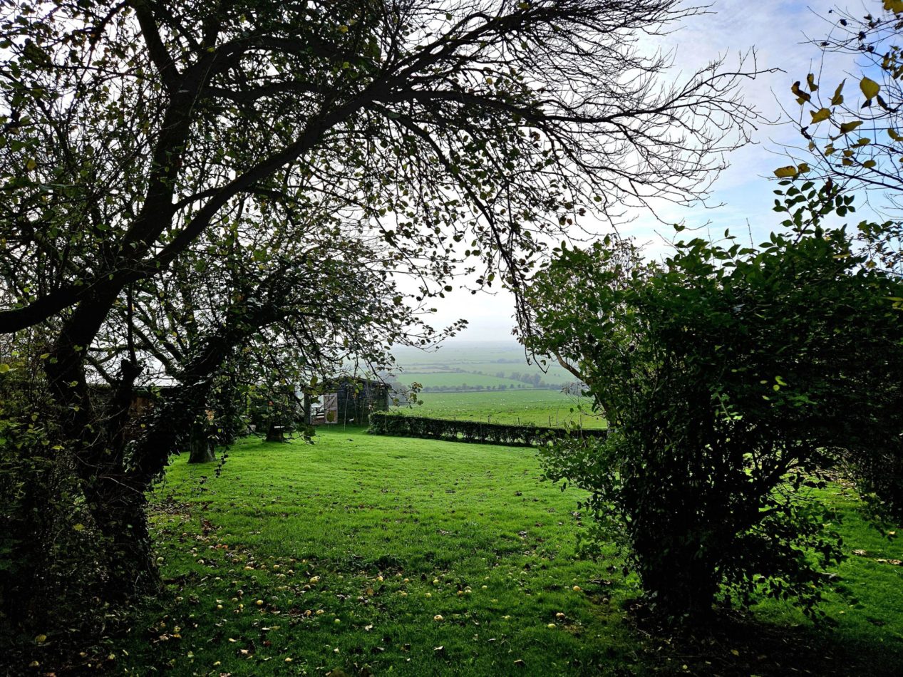 Step outside into a wonderfully green setting, where mature trees frame glimpses of the rolling countryside and sea beyond.