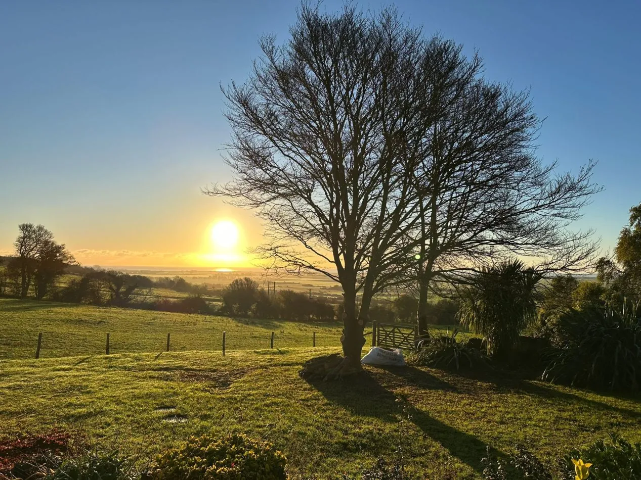 Step outside at golden hour and watch the setting sun cast long shadows across the fields—one of Honeypot Farm’s simplest pleasures.