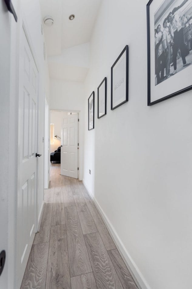 Bright, clean communal areas lead to your private apartment. Guests have exclusive use of the entire flat throughout their stay, providing privacy and independence while working away from home in Liverpool.