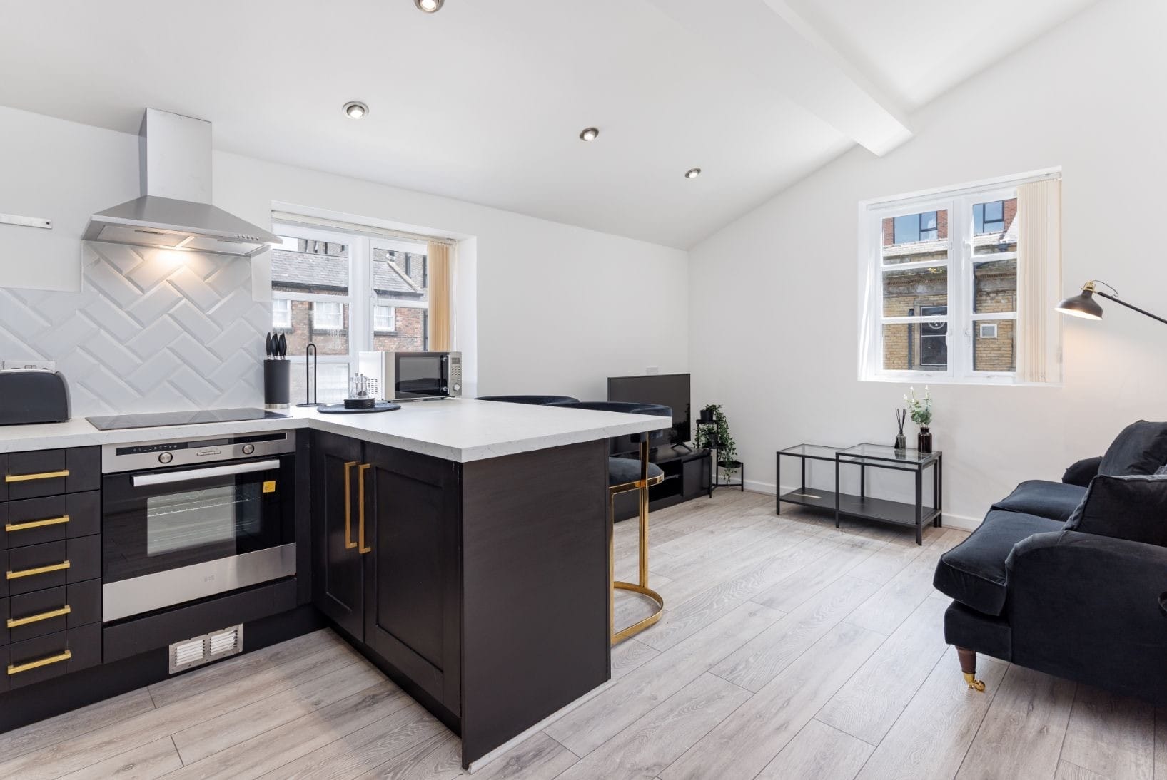 Bright open-plan kitchen and living space offering much more freedom than a hotel room. Cook, eat and relax in your own apartment â€“ ideal for professionals and contractors making Liverpool their temporary home.