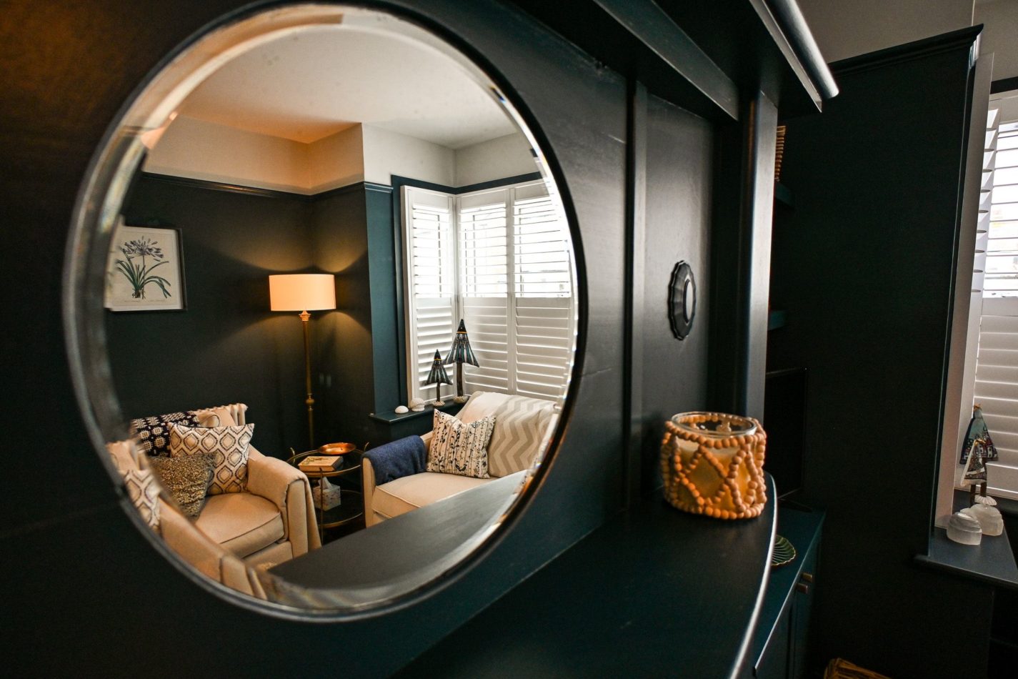 Reflections of the elegant lounge reveal the attention to detail found throughout Hythe House, creating a stylish and welcoming place to spend time together.